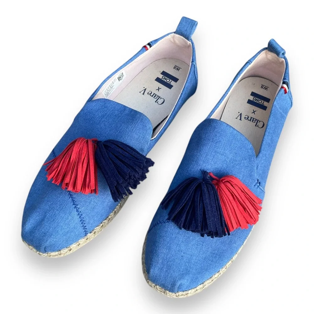 Clare V. x TOMS Women's 8 Blue Chambray Espadrille Tassel Slip On Shoes Flat